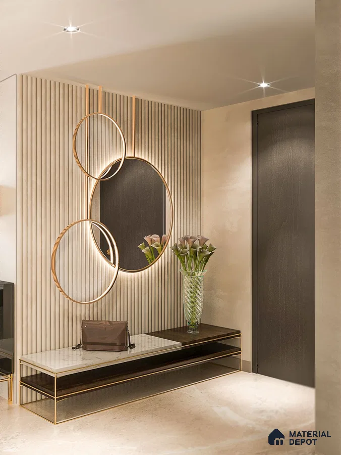 A bathroom with a large tub in the middle of it and wooden flooring next to a white tiled wall above a bathroom with wooden table and white bathtub in the shower stall with a wooden cabinets and white